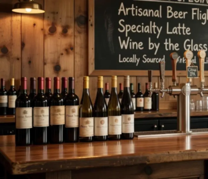 Glasses of wine, beer, and coffee arranged on the Ligetoria bistro bar counter.