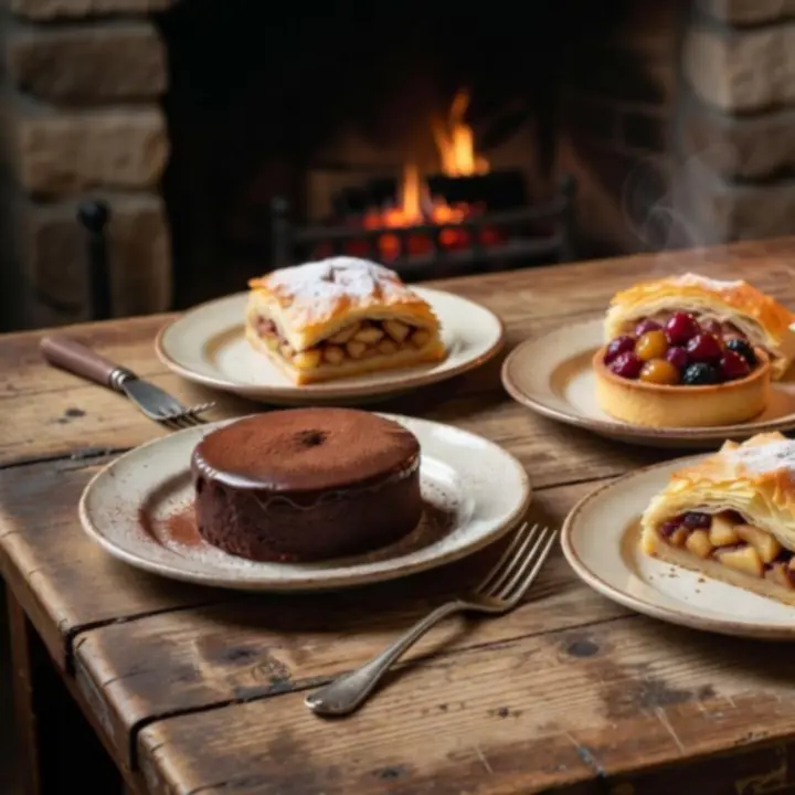 Dessert selection with tortes and pastries on display inside Ligetoria.