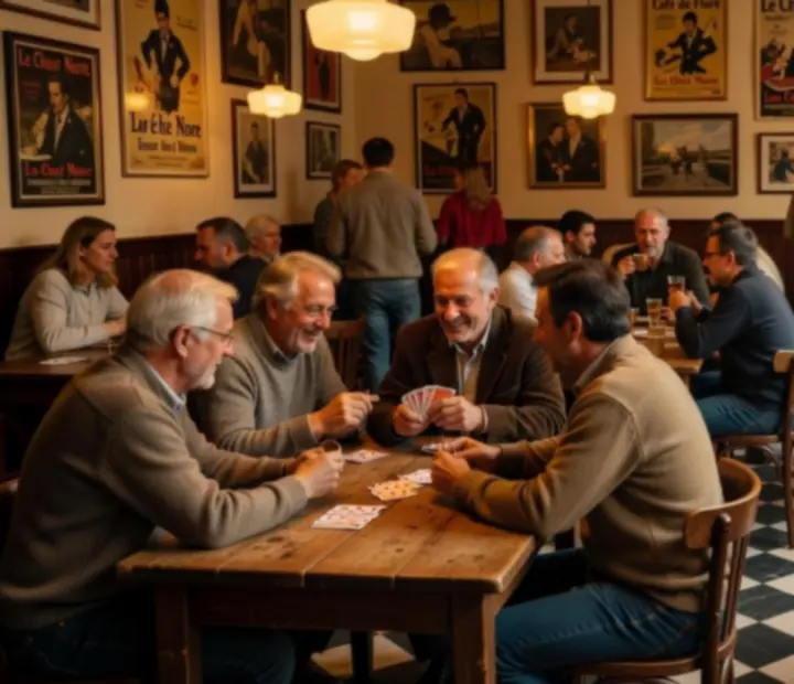 Cozy card lounge at Ligetoria with warm lighting and guests seated around poker tables.