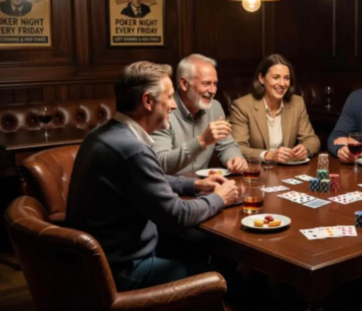Late-night poker room at Ligetoria with guests enjoying drinks and small plates.