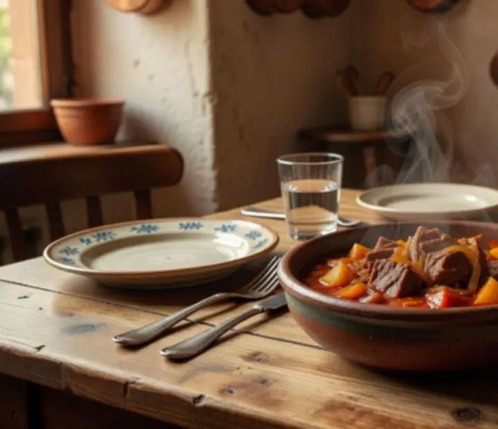 A traditional Hungarian dish served on a rustic plate at Ligetoria.