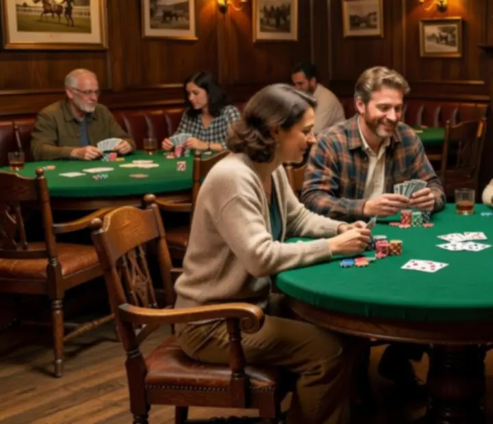 Players gathered around a felt poker table in Ligetoria's wood-paneled lounge