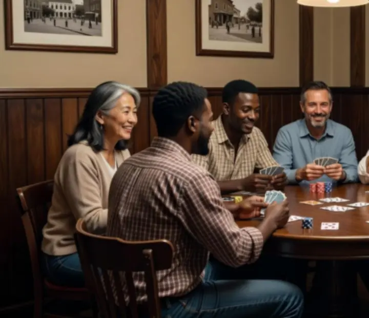 Friends gathered at a poker table in a cosy card lounge, smiling over a hand of cards.