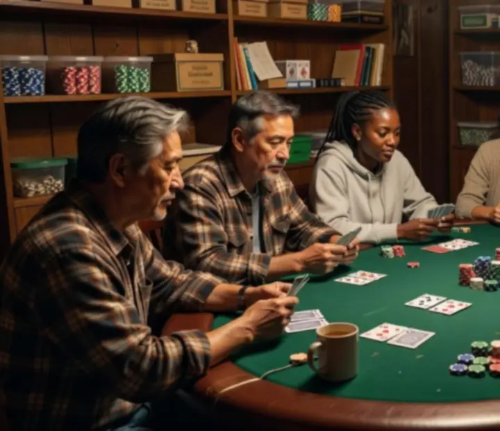 Players gathered around a real poker table inside Ligetoria's offline card lounge.