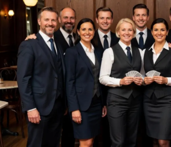 Group photo of Ligetoria poker dealers and floor staff standing inside the bistro.