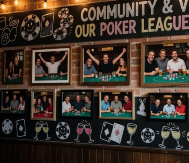 Photo wall inside Ligetoria showing printed pictures of poker winners and smiling guests.