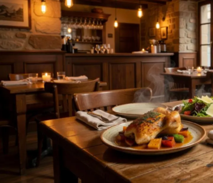 Warm wooden bistro table at Ligetoria with carefully plated dishes and candlelight.
